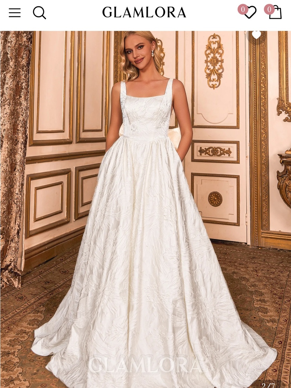 GLAMLORA White Embroidered Square Neck Ball Gown